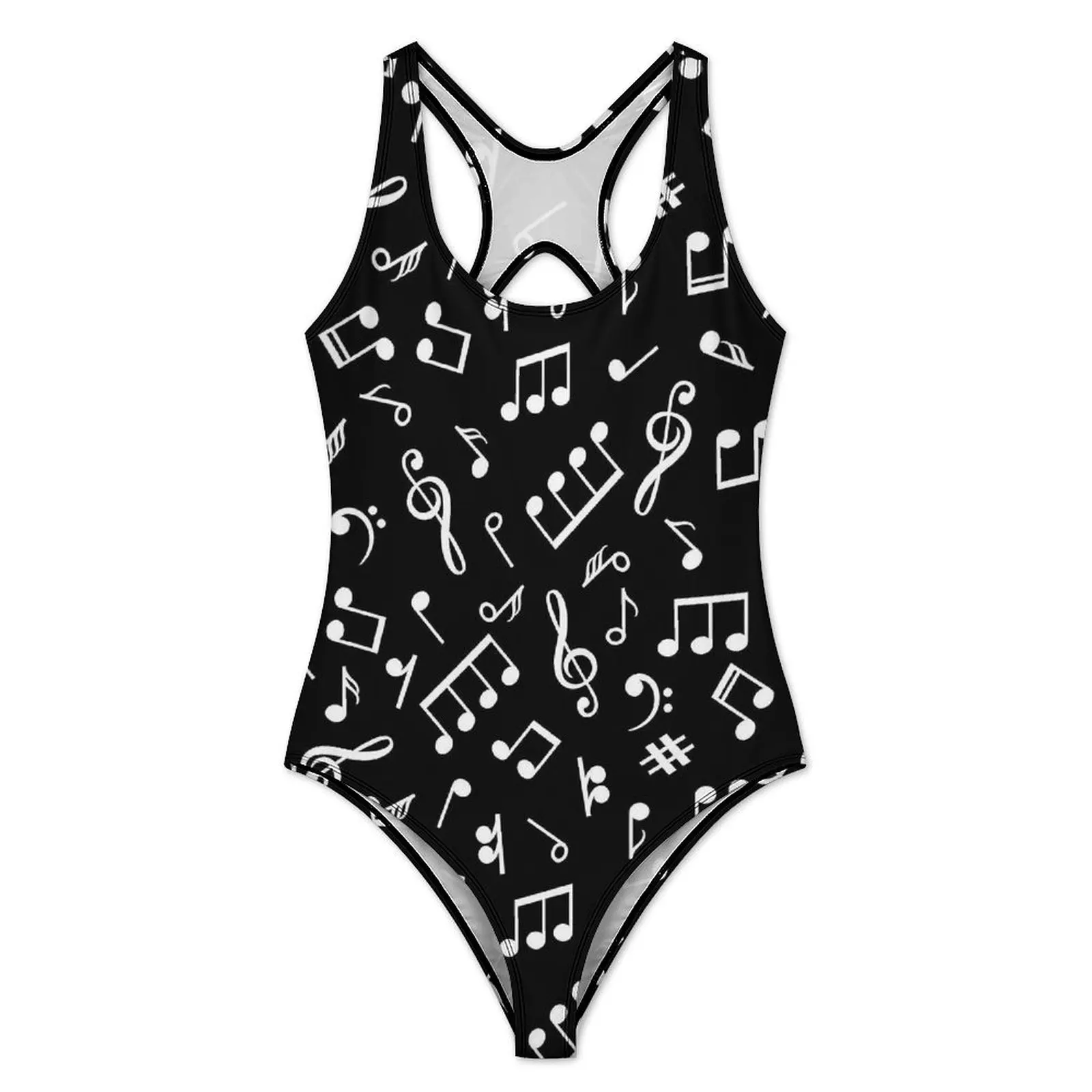 Music Notes Swimsuit Black and White Swimwear One Piece Fitness Graphic Swimsuits Cut Out Monokini Ladies Push Up Beach Outfits