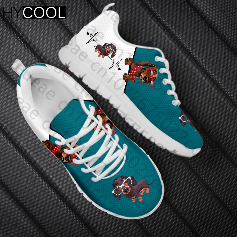 HYCOOL Unisex Casual Sport Shoes Puppy Dachshund Dog Printing Women Men Air Mesh Lace Jogging Flats Footwear Scarpe Donna