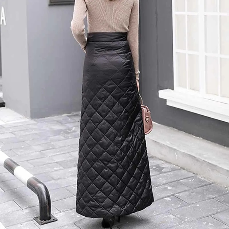 Black Plaid Down Cotton Plus Size High Waist Skirts Womens 2023 Winter Thick Button Loose Casual Long Skirt Fashion Streetwear