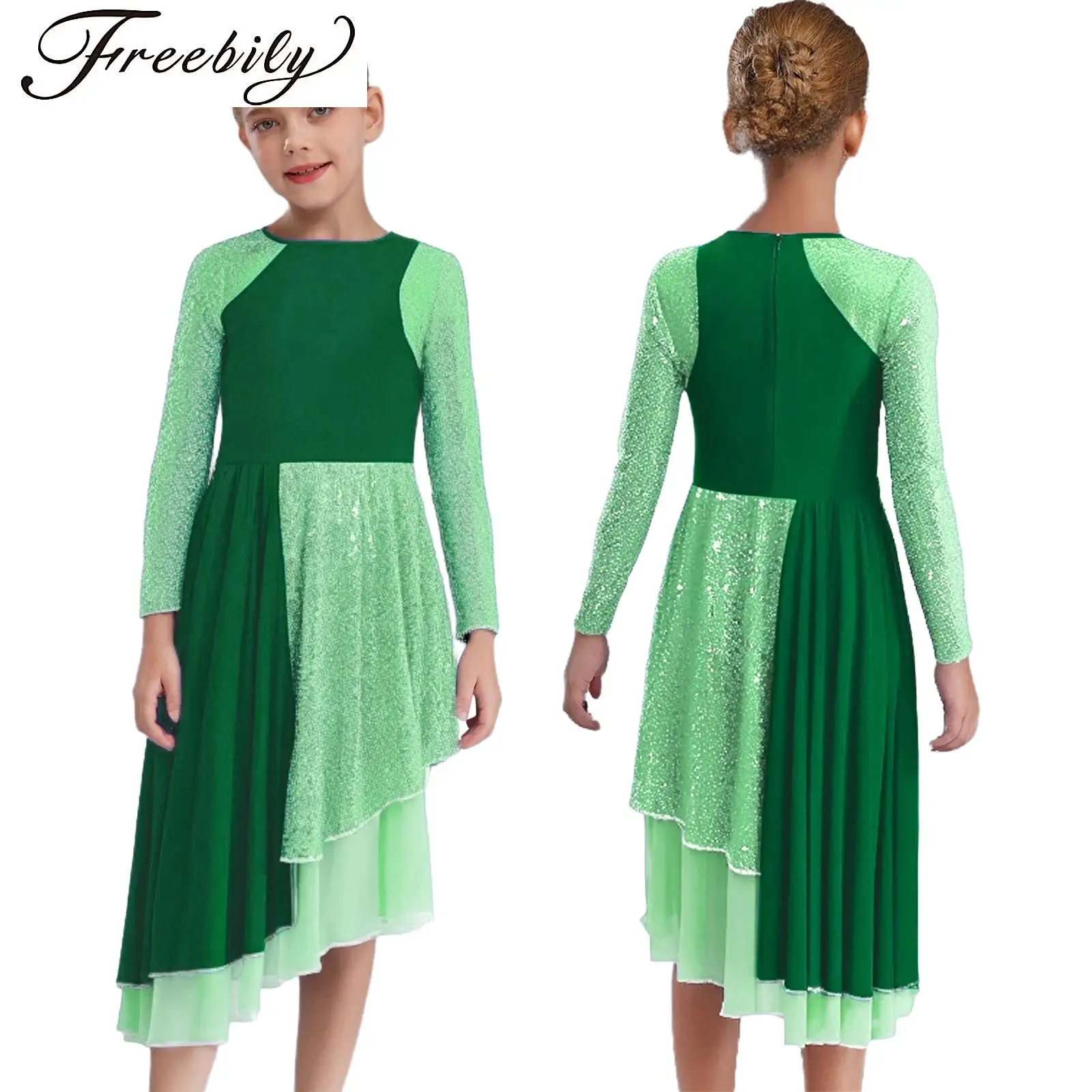 

Girls Sequins Liturgical Praise Dance Costumes Long Sleeve Lyrical Dance Dress Asymmetrical Worship Church Robe Tunic Costume