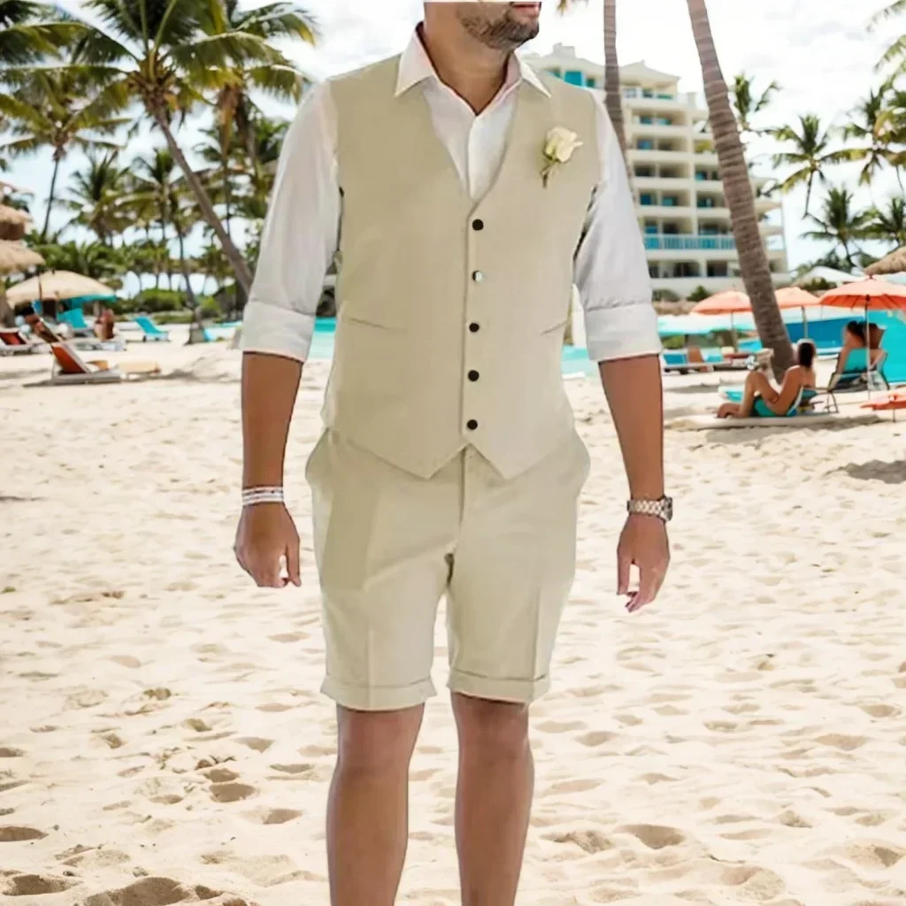 

Men's Casual Linen Suit 2 Piece Slim Fit Vest And Short Pants Tuxedo for Summer Beach Wedding Prom Party Fashion Short Suits