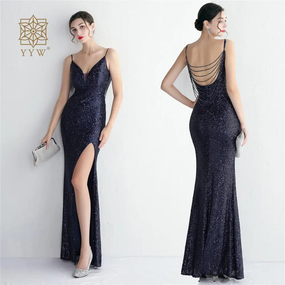 

Highclass Backless Club Dress Blue Sequins Beading Women'S Evening Night Gown Party Maternity Dresses Sleeveless V Neck Dresses