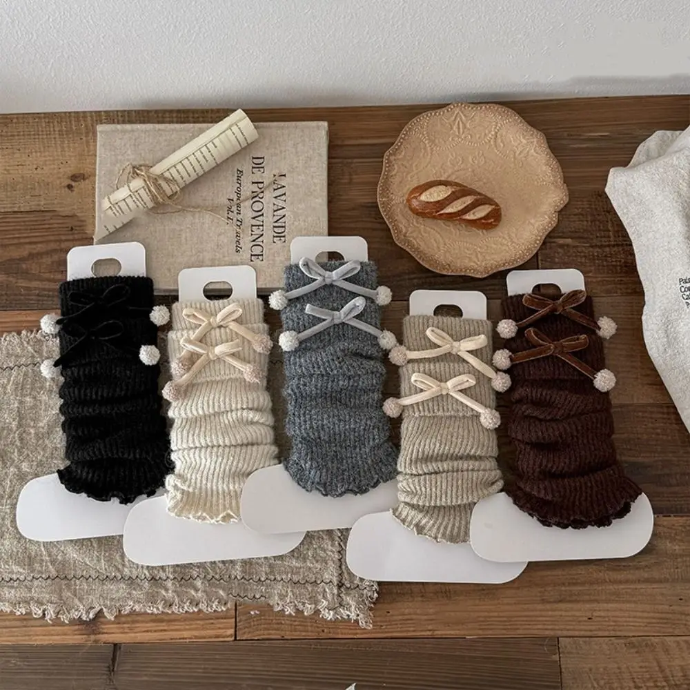 

Casual Harajuku Children's Leg Warmers Solid Color Long Stockings Lolita Knitted Socks Bow Kawaii Long Socks Winter