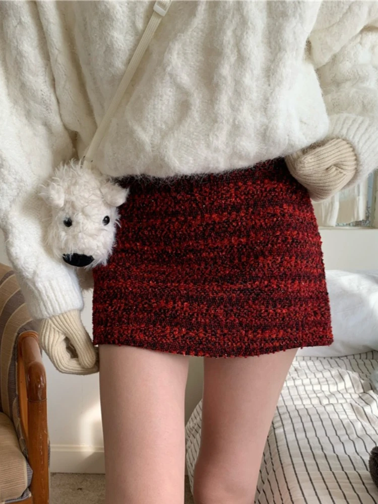 Koreanische Mode Vintage Tweed A-Line Mini Rock Frauen Winter Hohe Taille Wolle Mischung Chic Kurzen Rock Retro Süße Kühle Casual stil