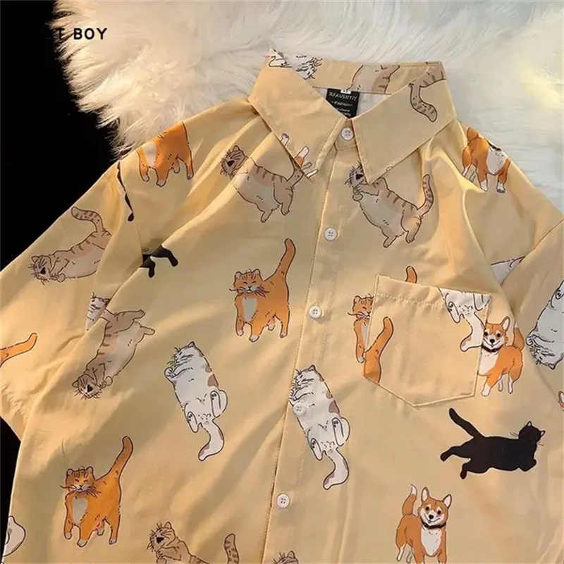 

2025 Men's Couple Dopamine Summer Cartoon Polyester Fiber Printed Shirt Hawaii Trendy Short Sleeve Top