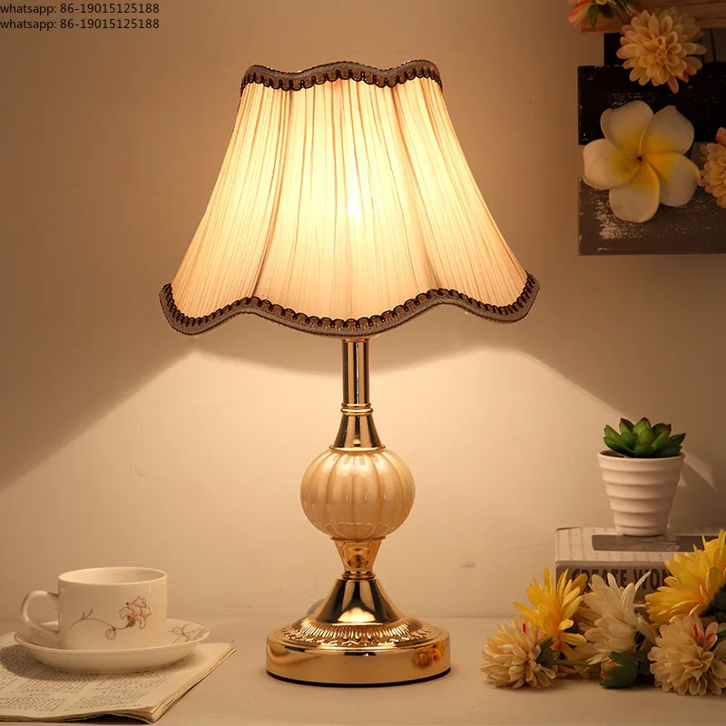 European Style Glass Table Lamp for Bedrooms Nordic Bedside Lamp Modern Retro Wrought Iron Base with Cloth Shade