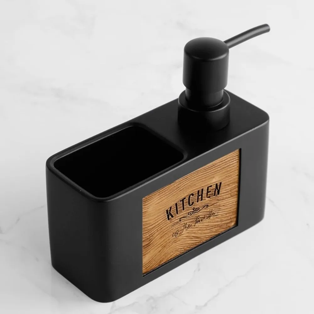 Press Type Kitchen Soap Dispenser Refillable with Sponge Holder Manual Soap Pump Wood Grain Lotion Bottle Kitchen Sink