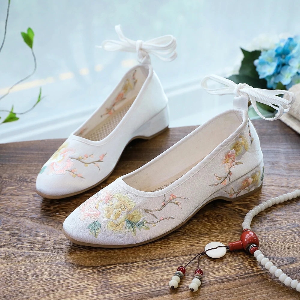 Veowalk Long Ankle Strap Summer Women Gauze Mesh Embroidered Ballet Flats Breathable Comfortable Walking Shoes for Elegant Lady