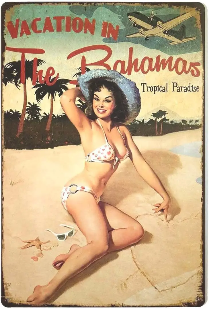 ERLOOD Vacation in the Bahamas Beach Pin up Girl Retro Vintage Decor Metal Tin Sign es