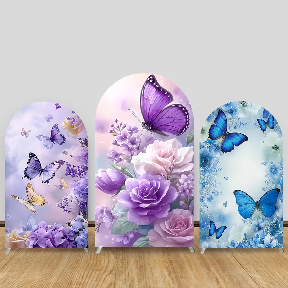 Purple Butterfly Flowers Party Arch Backdrop Cover Girl Birthday Wedding Party Decoration Custom Background Photography Props