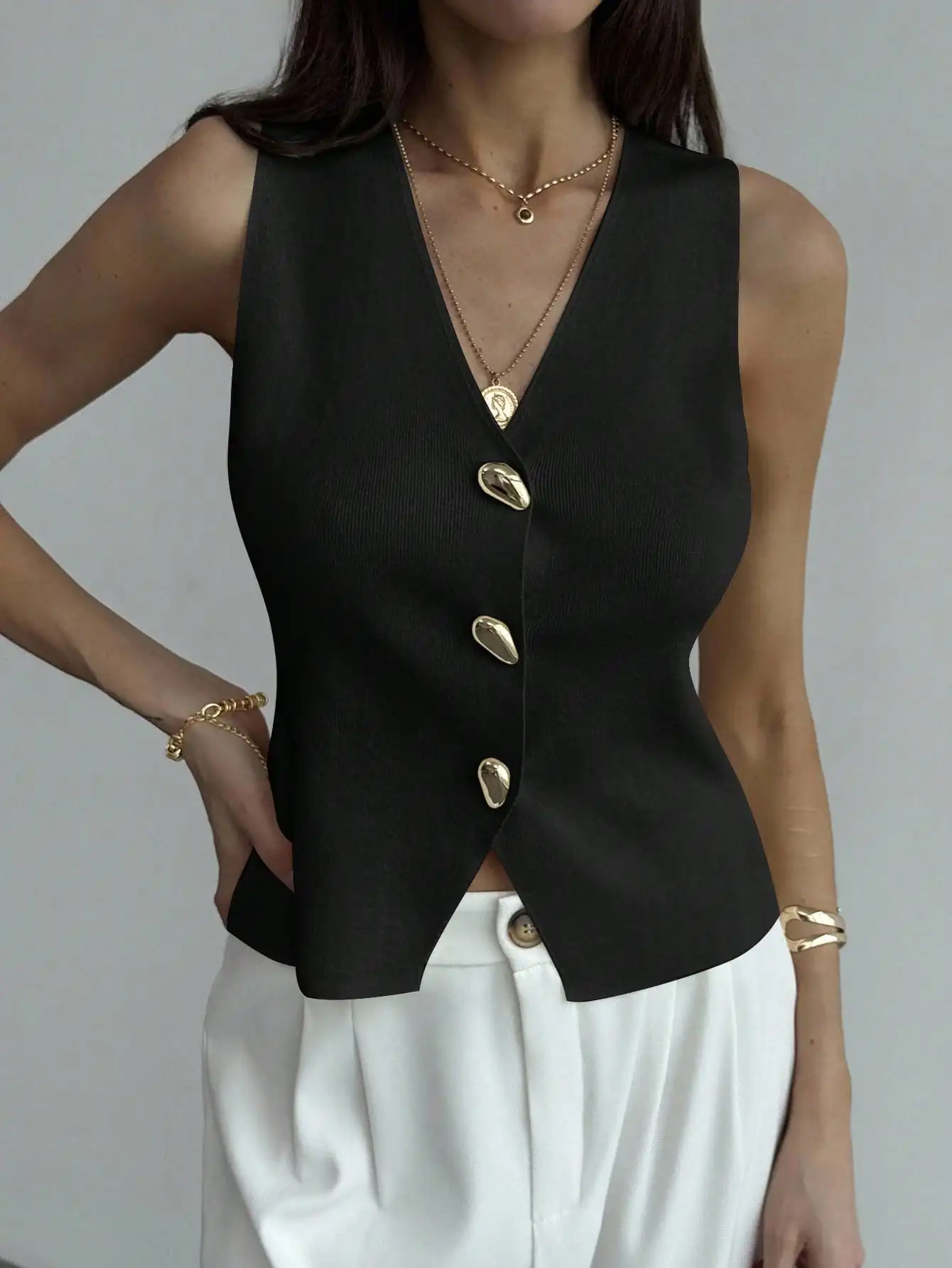 

Women's Black V-Neck Knit Vest with Gold Buttons, Casual Sleeveless Top for Autumn