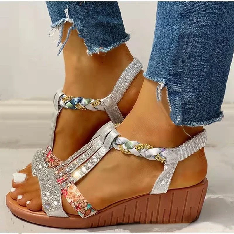 Women Wedge Sandals Summer  Bohemia Casual High Heels Sandals Fashion Female Peep Toe Rhinestones Outdoor Beach Shoes