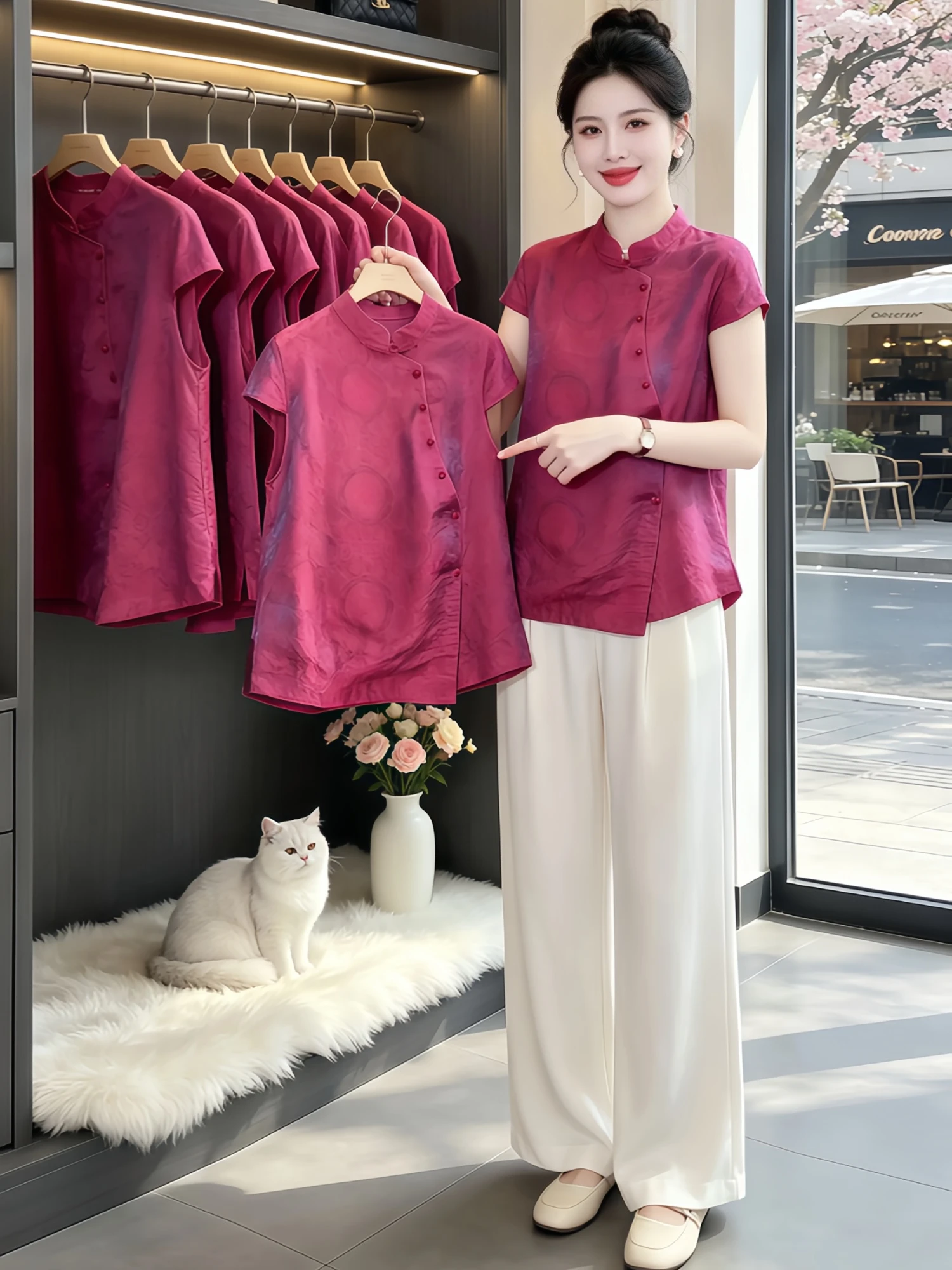 

Elegant Short Sleeve Shirt Women's Fashion Commute Anti-Aging Stylish Top Casual Style Button Detail Breathable Skin-Friendly