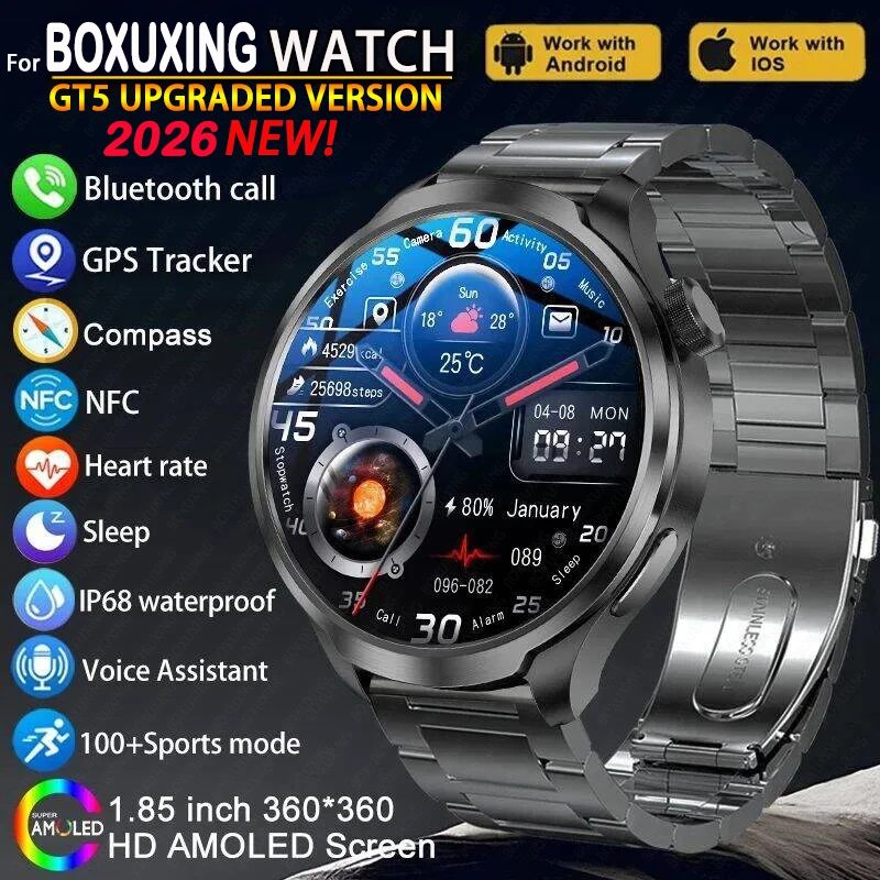 

BOXUXING 1.85-inch Smart Watch Men Sport Waterproof Fitness Heart Rate Watches Compass GPS Track NFC Bluetooth Call Smartwatch