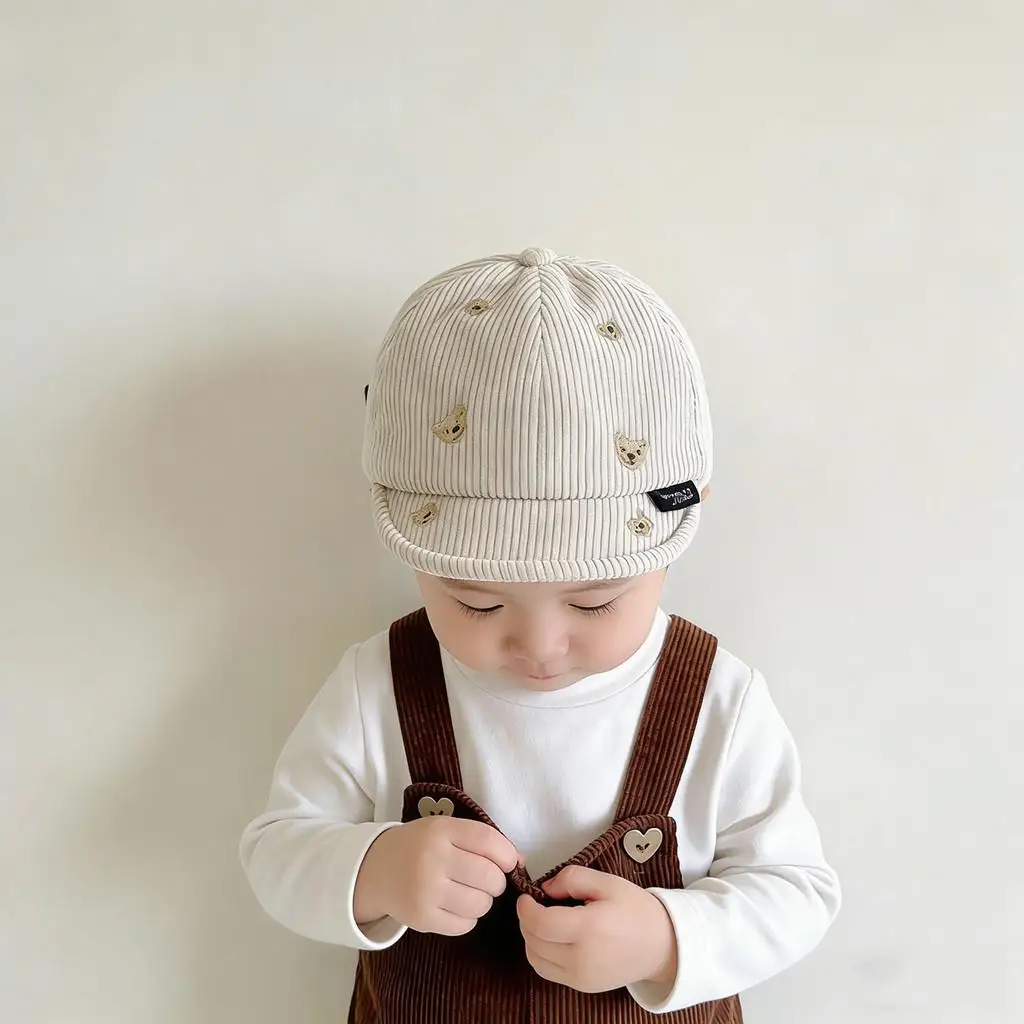 Spring Cotton Corduroy Bear Print Hat Cartoon Cute Baby Baseball Hat Solid Color Duck Tongue Cap Boys Girls Toddler Kids Hat view 4