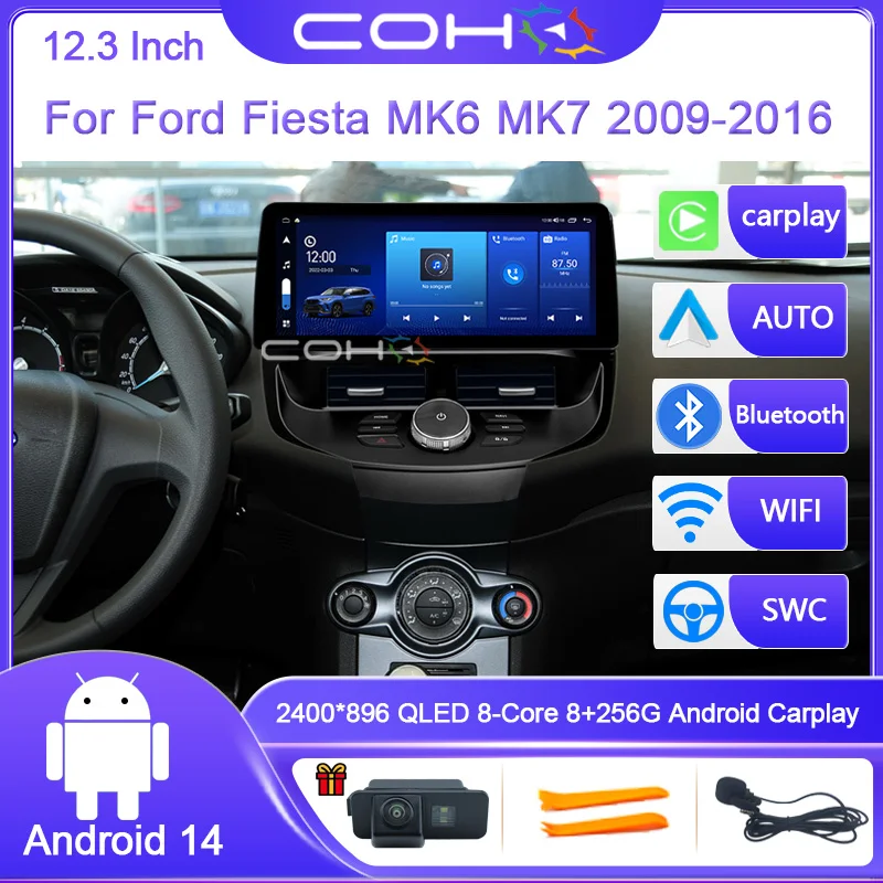 

12.3 Inch For Ford Fiesta MK6 MK7 2009-2016 8-Core 8G+256G Car Multimedia Player Android 14 Stereo Receiver Radio WIFI GPS 4G