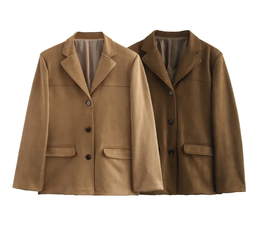 Vintage Suede Blazer แจ็คเก็ตฤดูใบไม้ร่วงฤดูหนาวผู้หญิงหลวม Single Breasted Coat กระเป๋าแฟชั่น Outwear Office Lady สั้น Coat