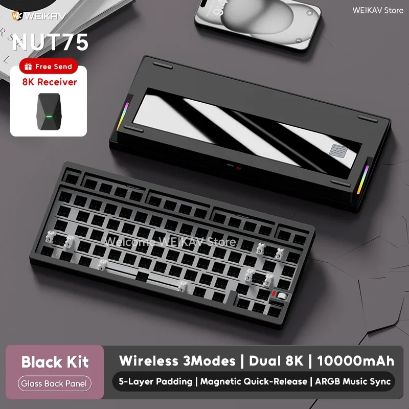WEIKAV NUT75 Aluminum Alloy Wireless Mechanical Keyboard Kit 75% Layout 10000mAh Battery Low Latency Gaming RGB Hot-Swap Kit