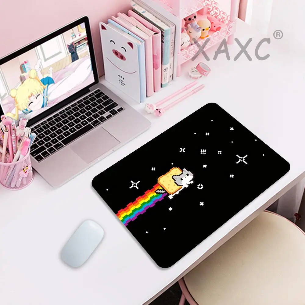 Pixel Space Cat Desk Mat Rainbow Trail Non Slip Gaming Mouse Pad Waterproof Keyboard Mat For Office Game Table