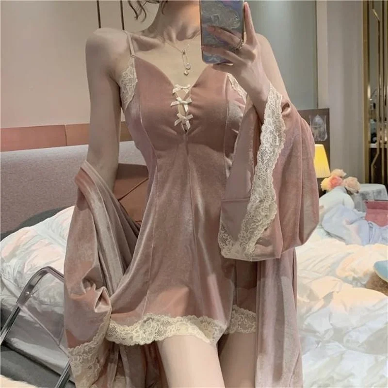 Gown Sets Women Comfortable Korean Style Breathable Kawaii Mini Ins Popular Homewear Basic Sweet Spring New Design Lace Bow Cozy