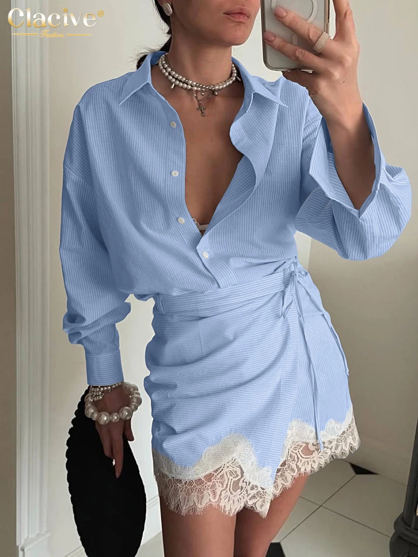 Clacive Fashion Loose Blue Stripe Skirt Sets Woman 2 Pieces 2026 Elegant Long Sleeve Shirt With High Waist Mini Skirt Set Female