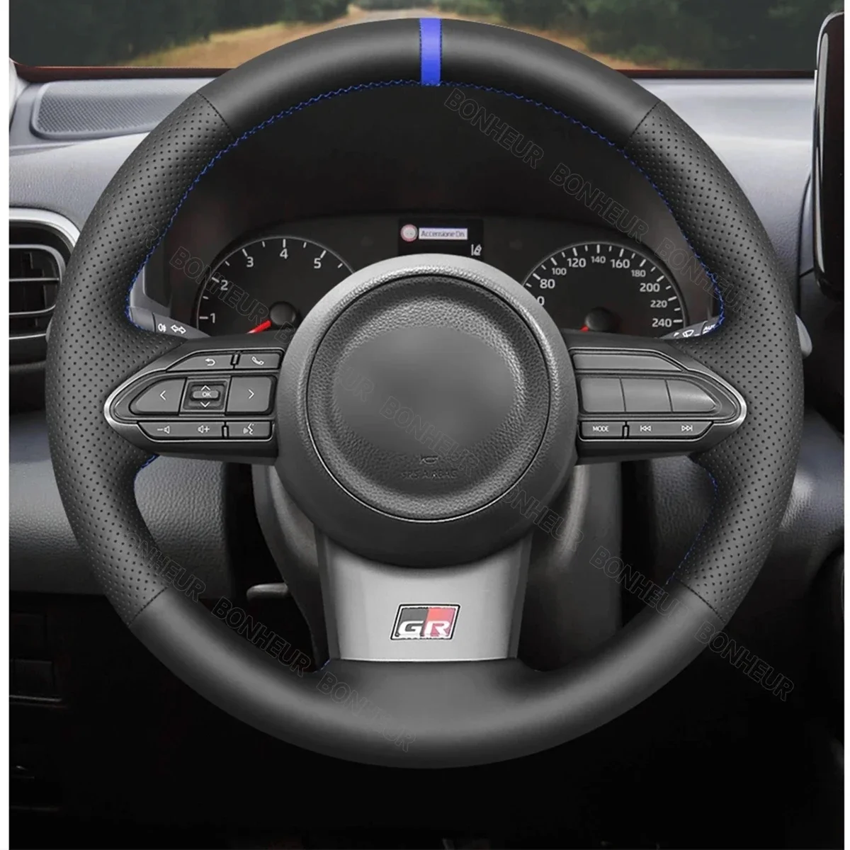 Black Leather Blue Marker Car Steering Wheel Cover for Toyota Yaris GR RZ 2020 2021 2022 Corolla 2023 Interior Accesorios