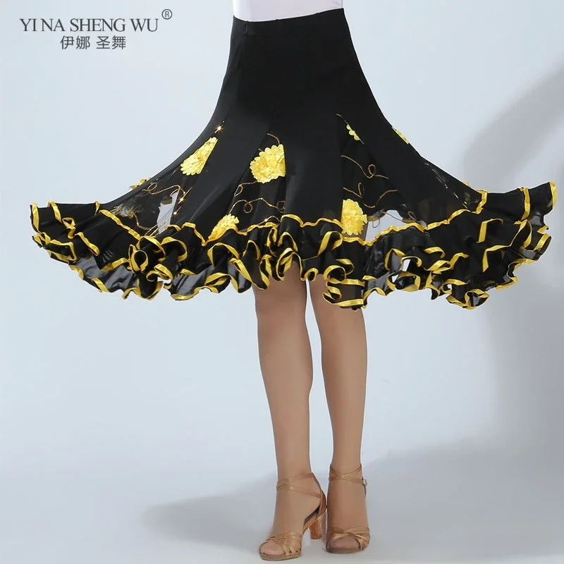 Nueva falda lujosa para baile de salón, faldas cortas de flores para adultos, falda gitana de salón con columpio grande, vals, danza Oriental india, salón de baile