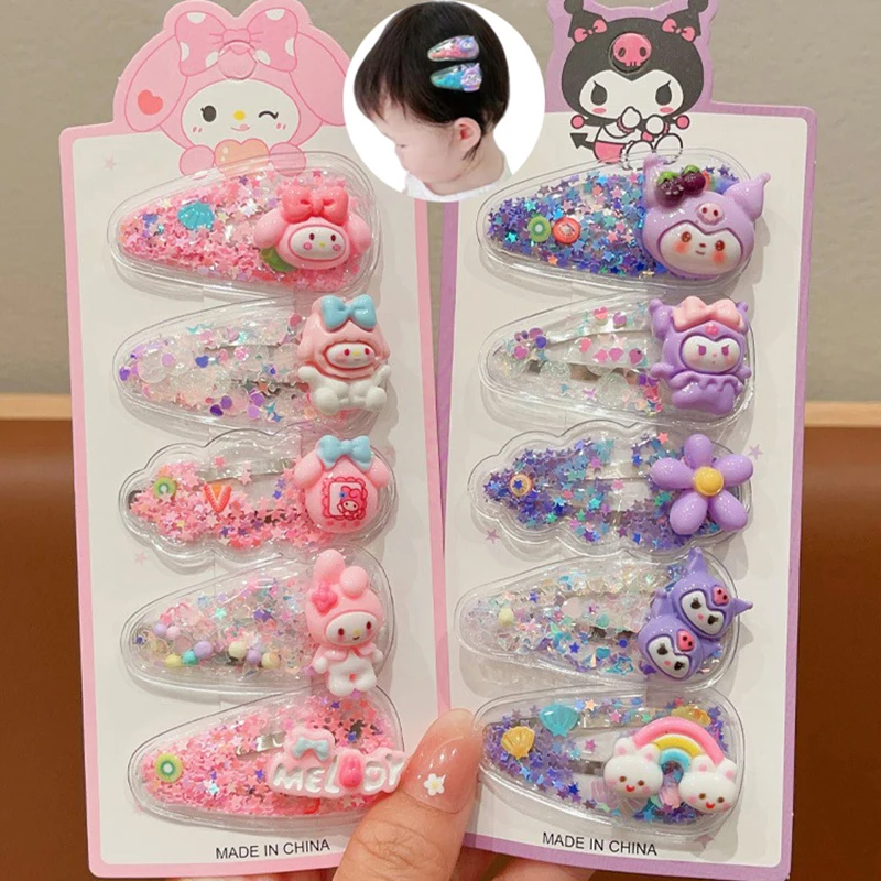 Kuromi Sanrio grampos para meninas, Hairclip Kawaii, Cinnamoroll, Baby Hairclip, Melody Princess, Areia Flowing, Cabelo Presilha, Sanrio Acessórios, 5pcs