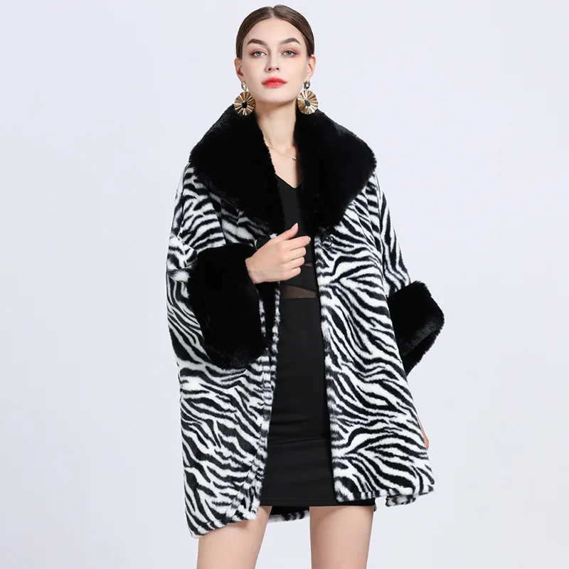 Women Shawl Coat Winter Thick Big Faux Fur Collar Outside Loose Cloak Warm Leopard Cloak Poncho