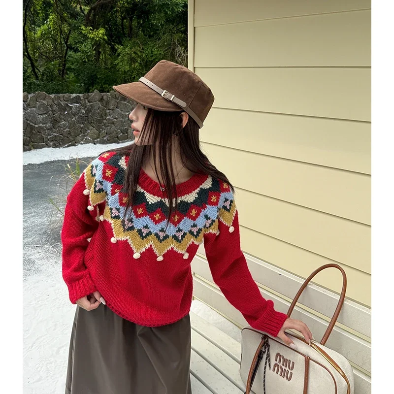 

Japanese Gentle Style High-end Christmas Sweater Women's Autumn and Winter Red New Year's Retro Knitted Short Thick Sweater