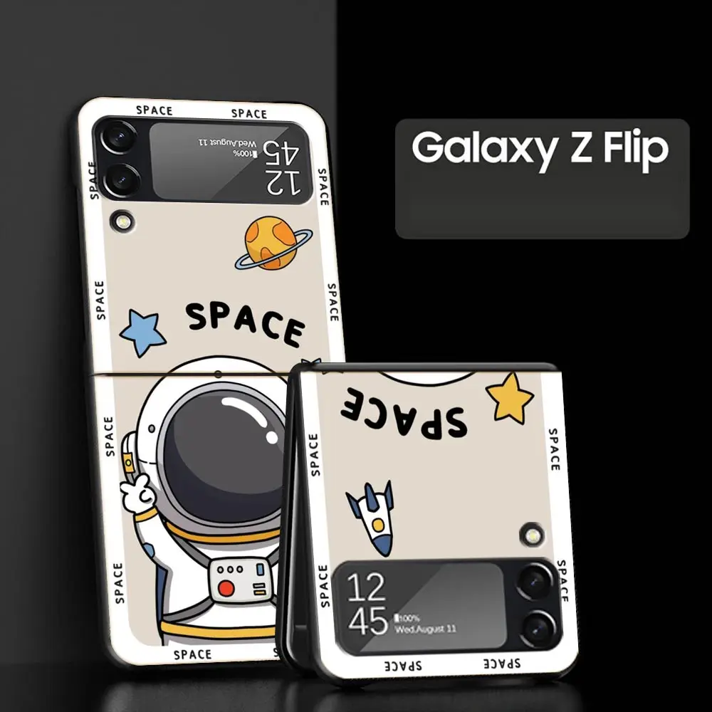 Z Flip 4 Phone Case for Samsung Galaxy Z Flip 3 5G ZFlip3 Flip3 zflip Flip4 Black Hard Cover Cute Space Astronaut Cartoon Shell