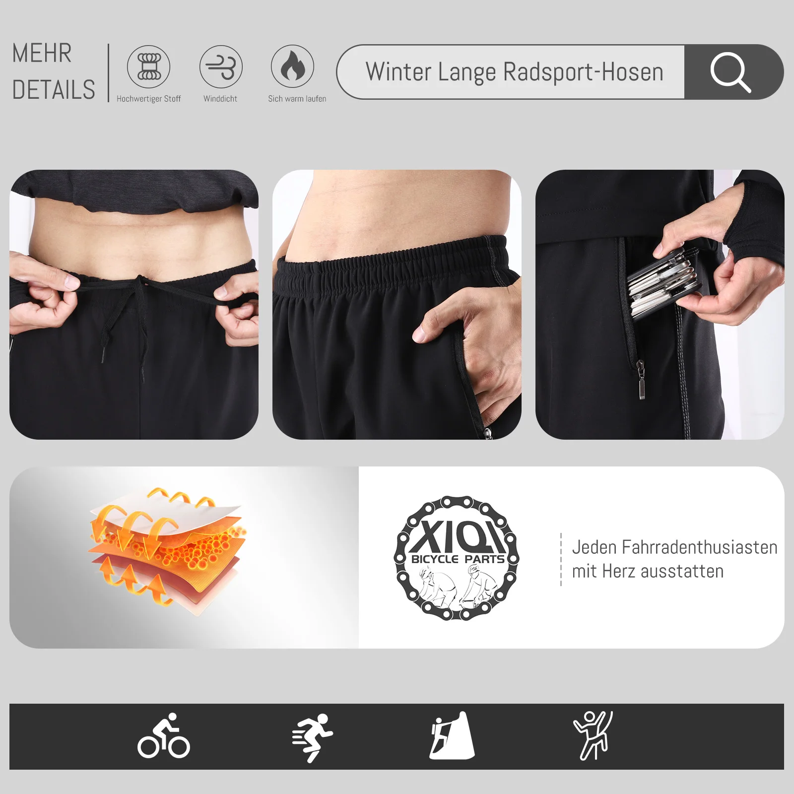 WEST BIKING Winter-Fleece-Radhose, winddicht, wasserdicht, Herren-Thermo-Fahrradhose, MTB-Outdoor-Sporthose, Schwarz, S-4XL – Detail 8