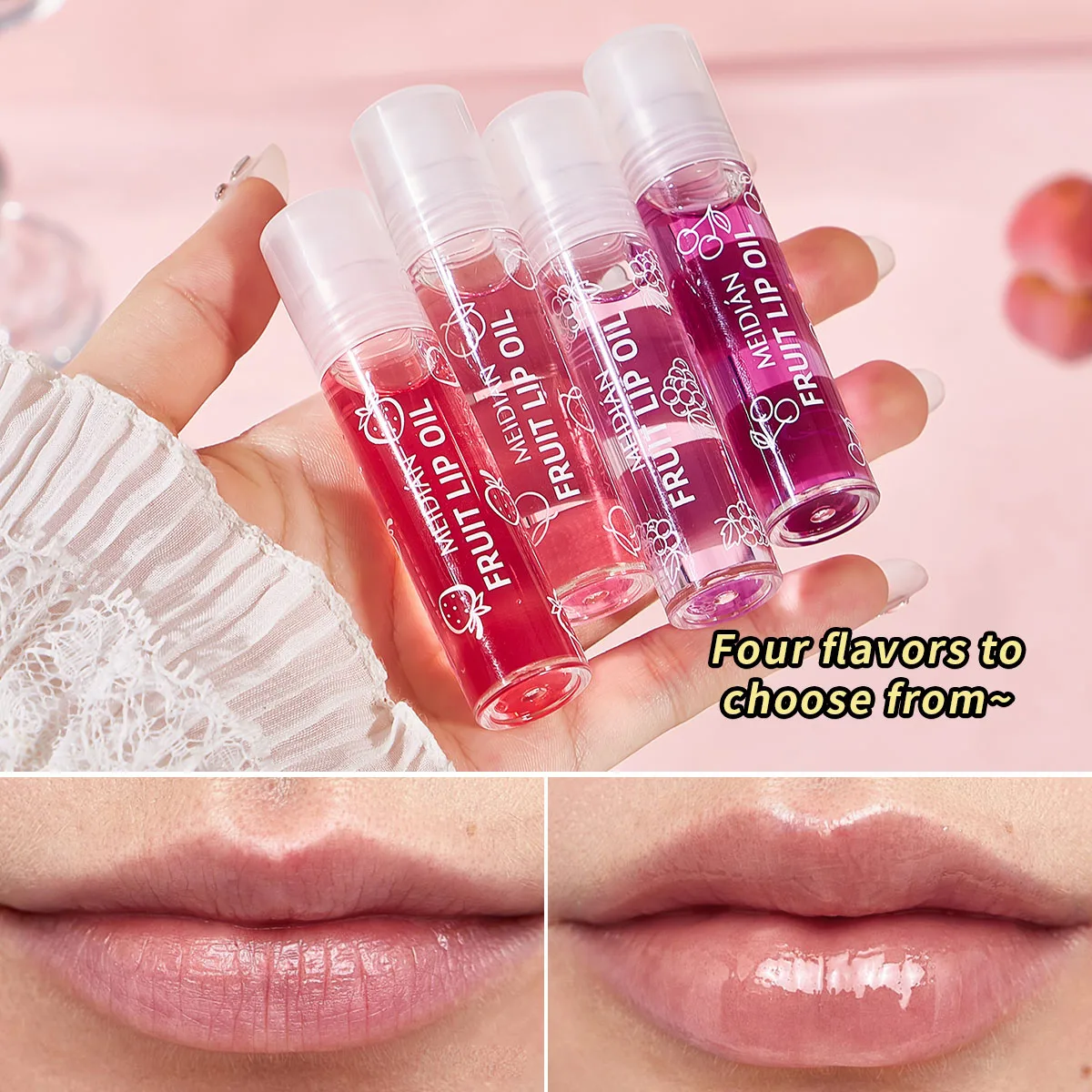 4-delige lipolieset - fruitige lipolie, langdurig hydraterend, zacht en niet irriterend, geschikt voor droge lippen