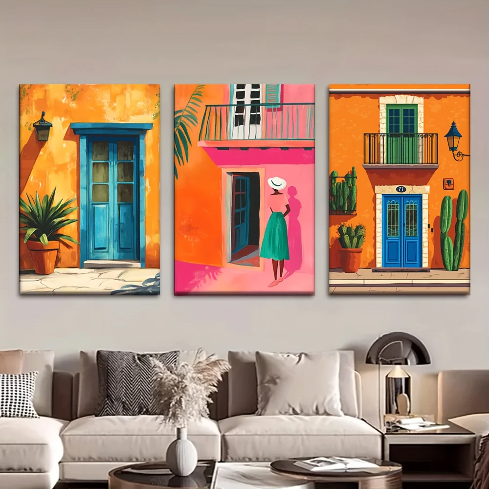 （NoFrame 3PCS）-3pcs/Set, Canvas Painting--Unframed, Vibrant Mexican Street Scene, Posters And Prints, Living Room, Library, O
