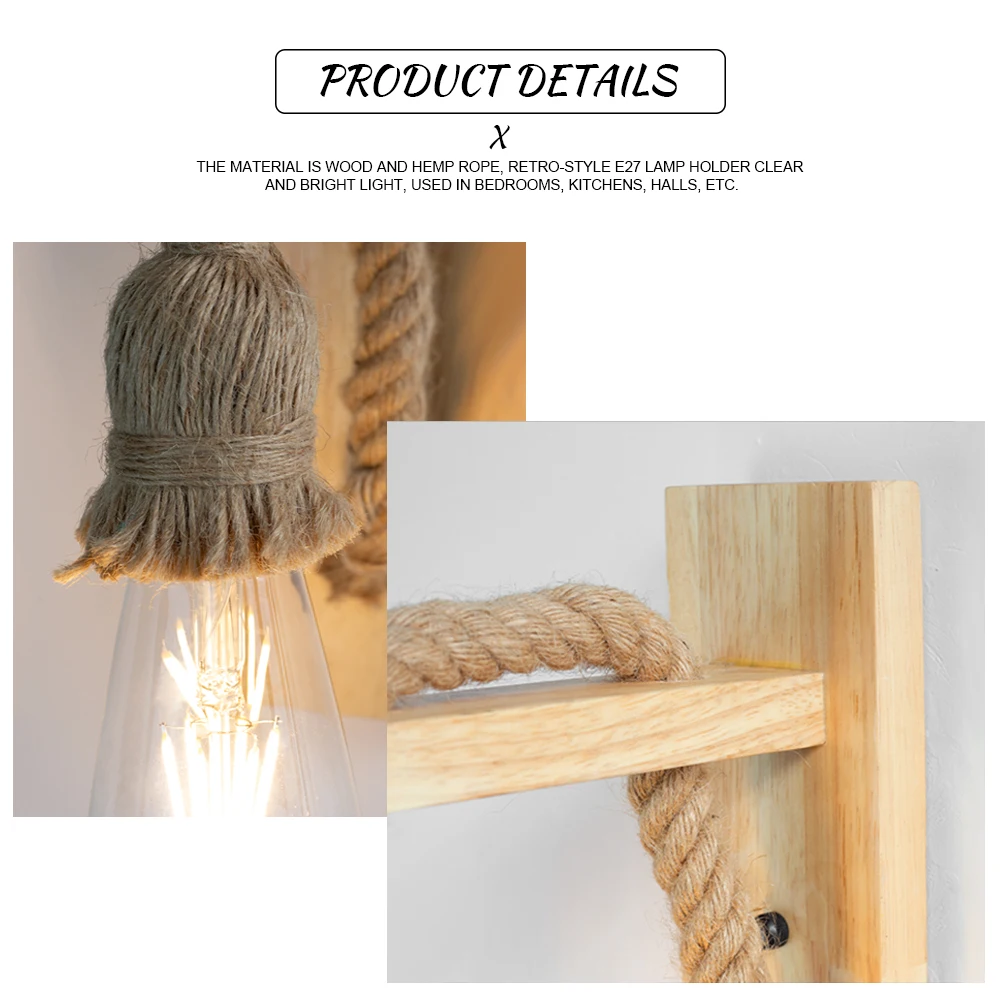 Hemp Rope Wall Lamps 85V-265V Garden Light Retro Wooden Kinkiety Na Sciane Wall Lamps Home Decor Wall Sconse for Living Room