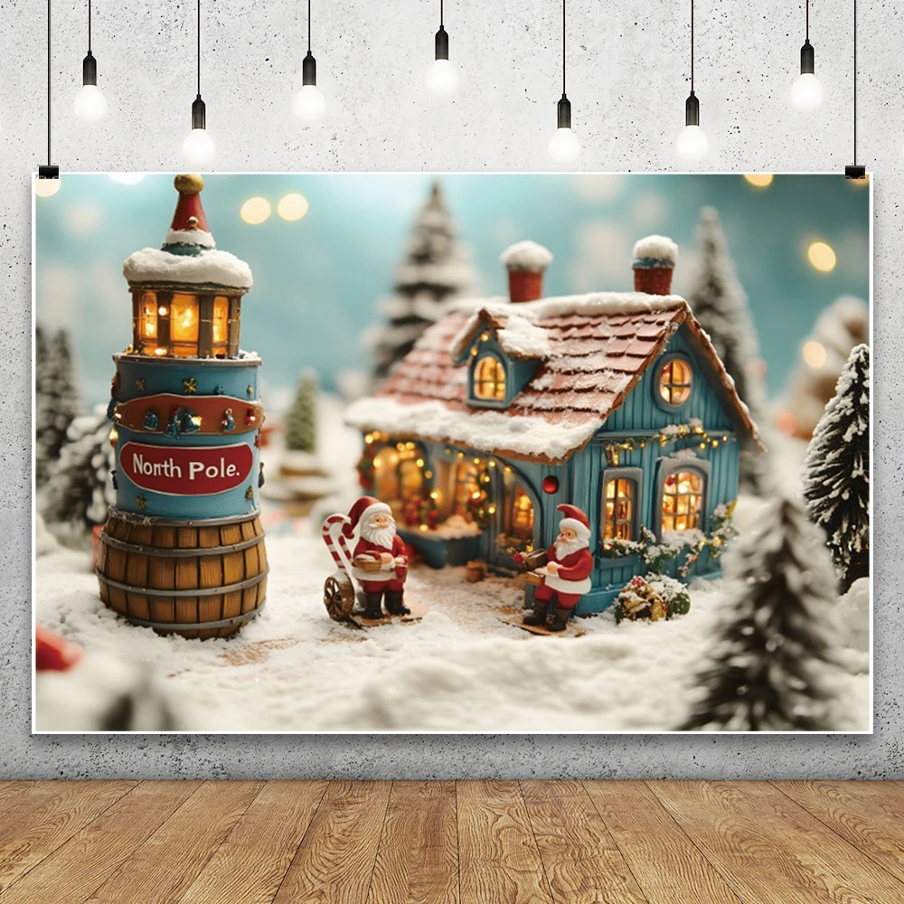Weihnachten Fotografie Hintergrund Nordpol Candy Cane Stadt Märchen Hintergrund Santa Claus Geschenk Kind Winter Outdoor Photocall