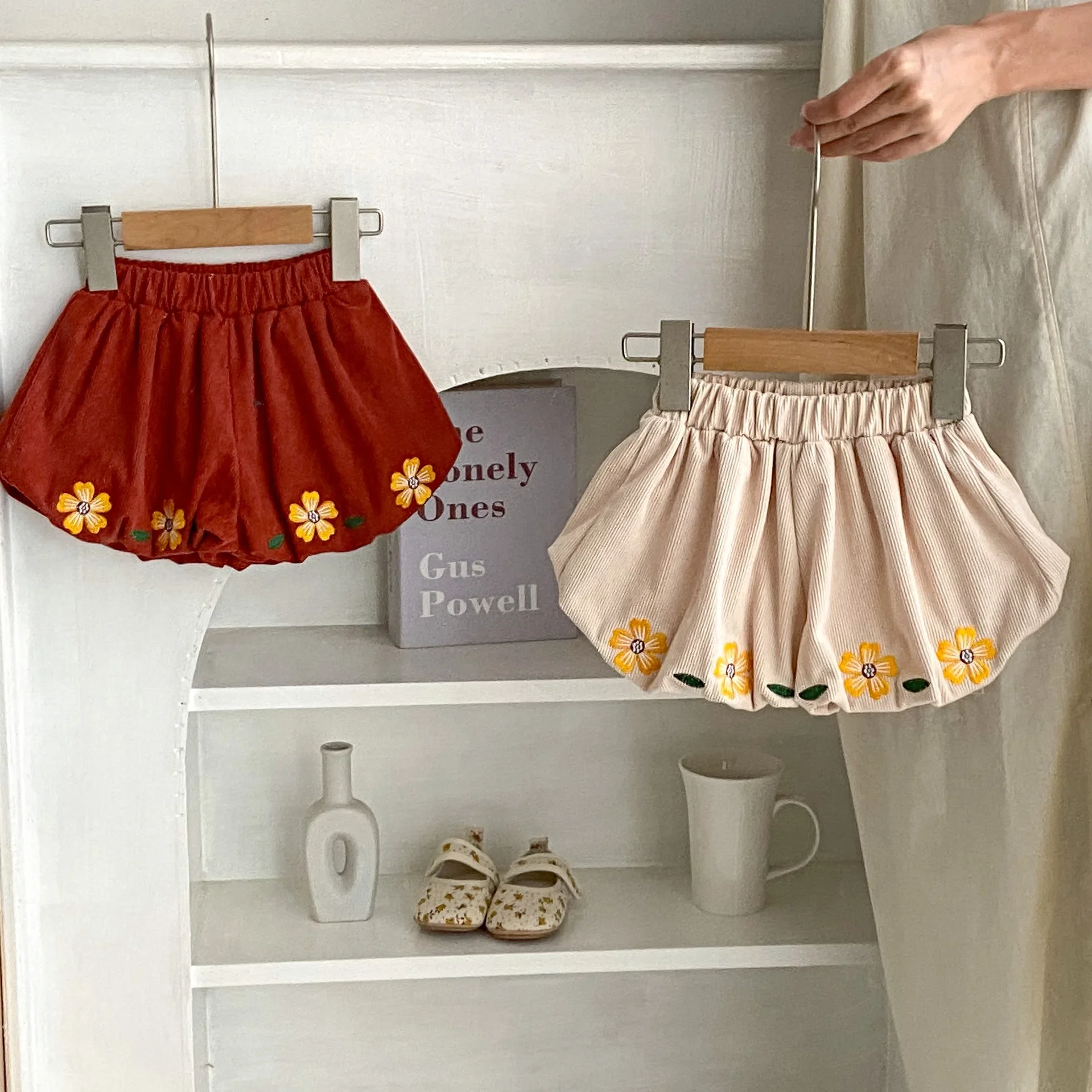 

Kids Pants Spring Season New Baby Corduroy Embroidery Flower Bud Short Simple 2024 Puff Sleeve Lace Collar Striped