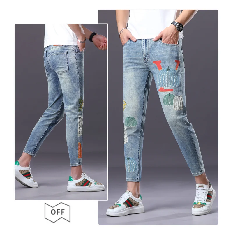 

V-23 American summer high-end new printing fashion versatile small straight stretch jeans nine points