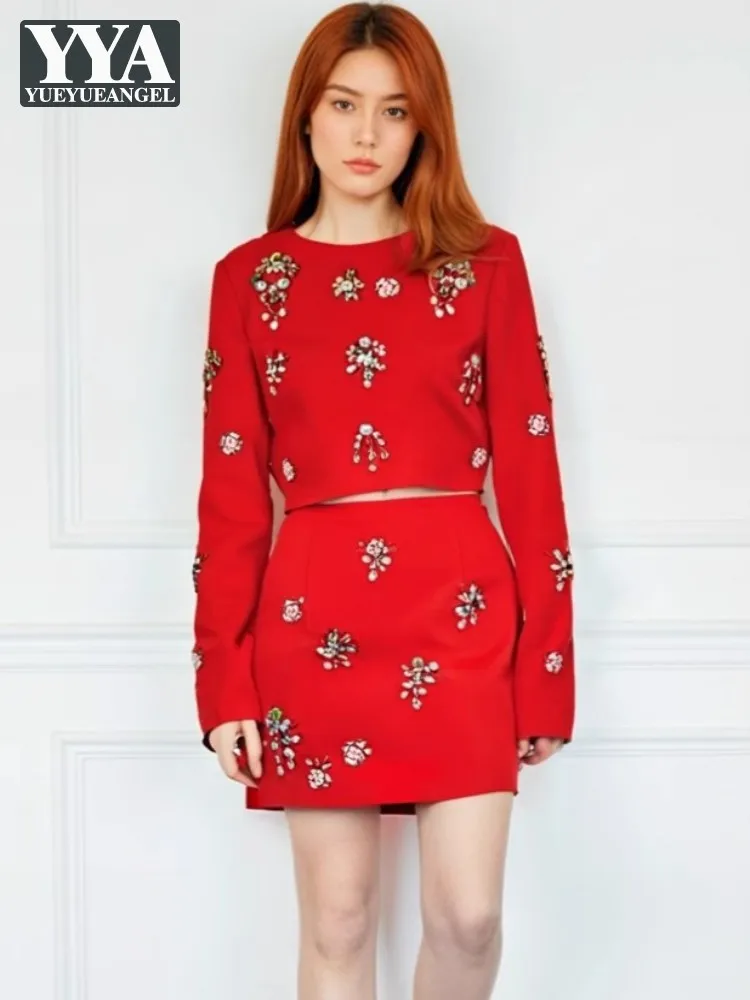 Office Ladies Spring Summer O-Neck Coat Sets Beading Long Sleeve Jacket Two Piece Set Slim Fit Solid Color Mini Skirt Outfits