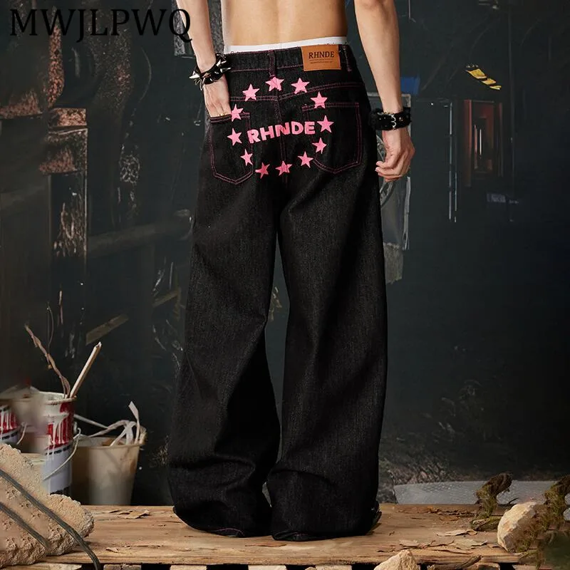 

MWJLPWQ Men's Double Waistband Fashion Streetwear Ins Wide Leg Cargo Pants Printed Jeans Spring Autumn New Unisex Trendy 14880