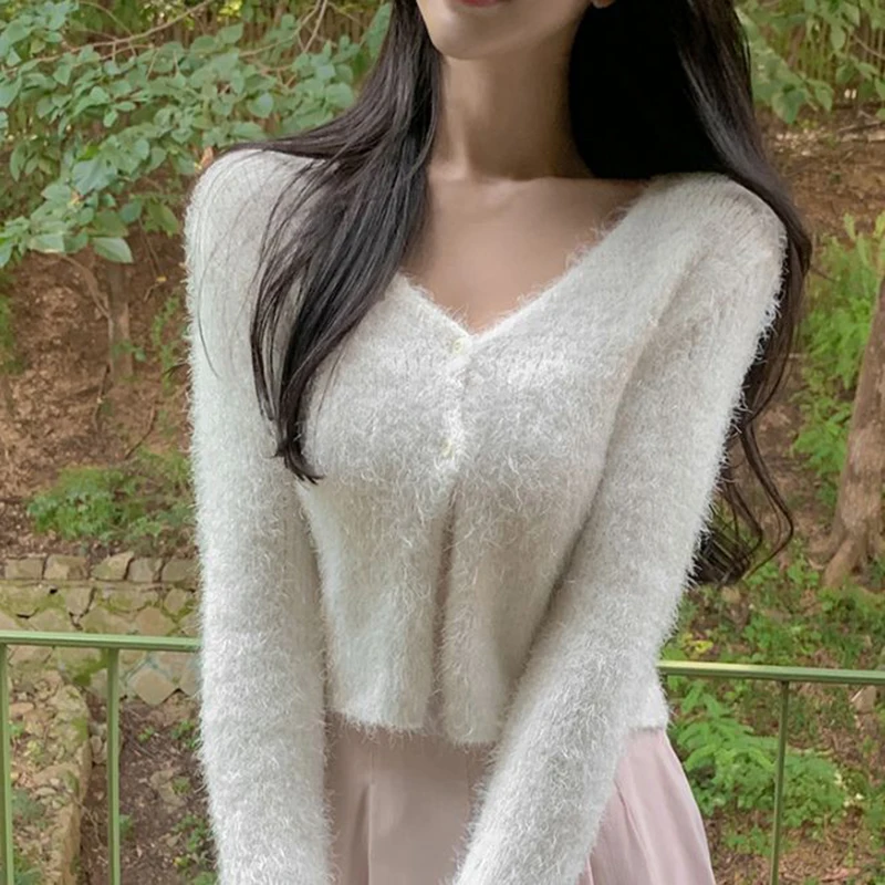 غامض متماسكة سترة سترة المرأة طويلة الأكمام زر حتى المحاصيل سترة سترة في سن المراهقة فتاة الخريف الشتاء Y2K الزي #2