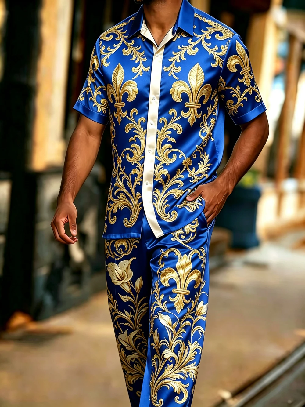 2026 New Premium Men's 2-Piece Outfit, Baroque Colorful Printed Short-Sleeve Shirt and Long Pants, Streetwear Design, Eye-Catchi