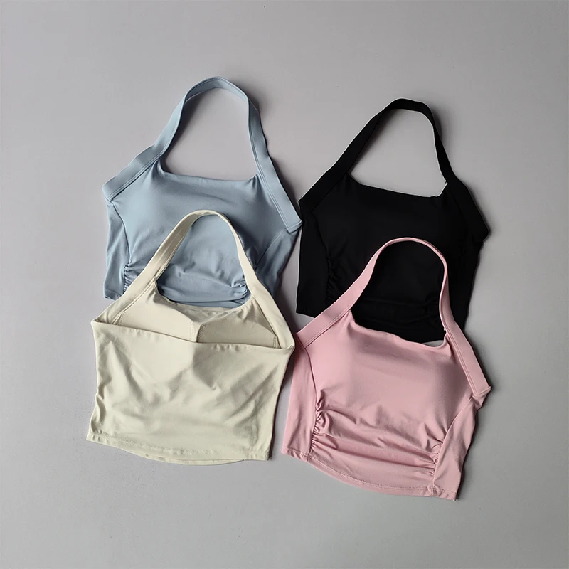 Summer Tops Neck Halter Sports Underwear Women Shockproof Gathering Fitness Bra Beauty Yoga Vest Running Training Pilates Suit