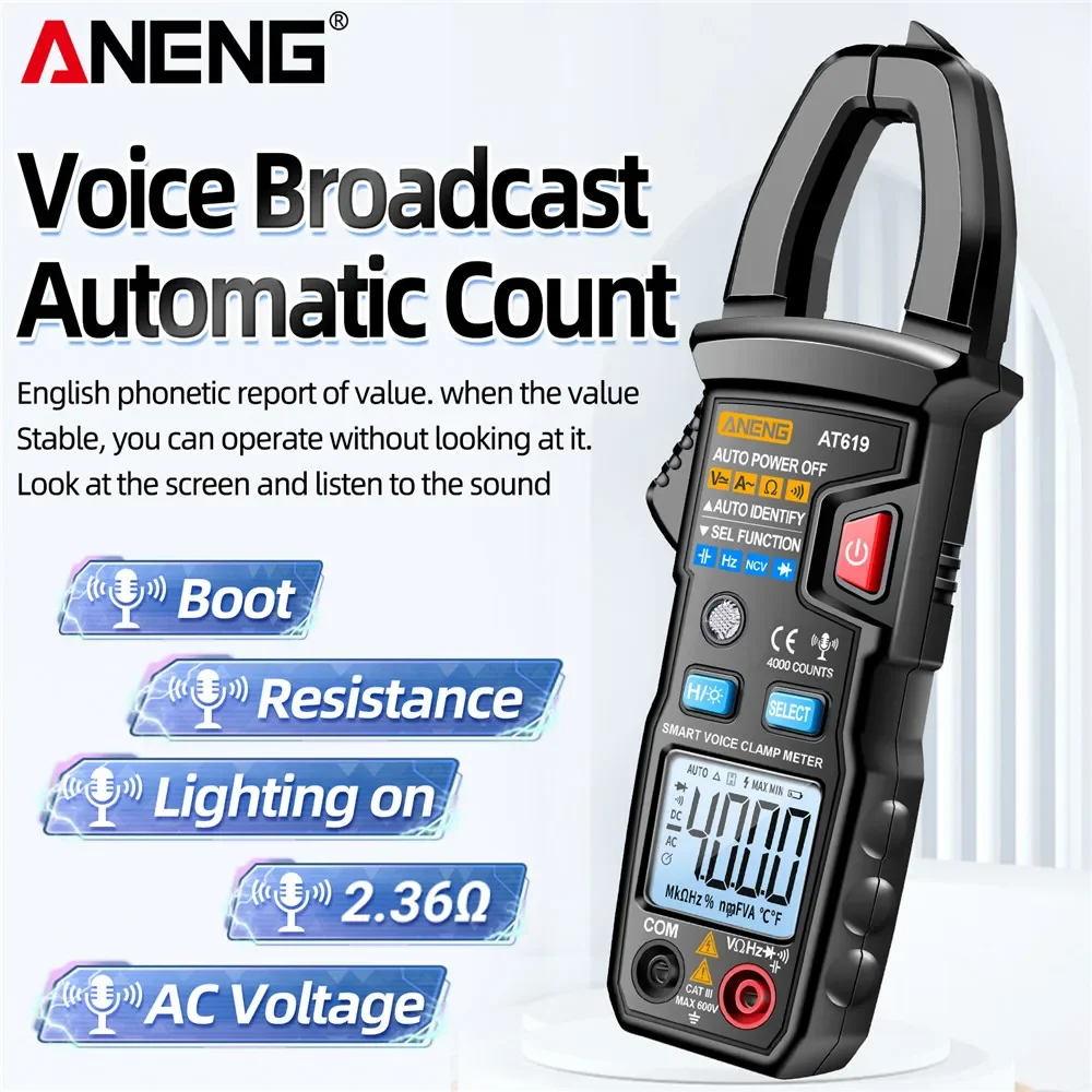 Imagem -02 - Clamp Meter ac Current Voice Broadcast Multímetro Amperímetro Voltagem Tester Carro Amp hz Capacitância Ncv Ohm Tester Ferramentas Aneng-at619