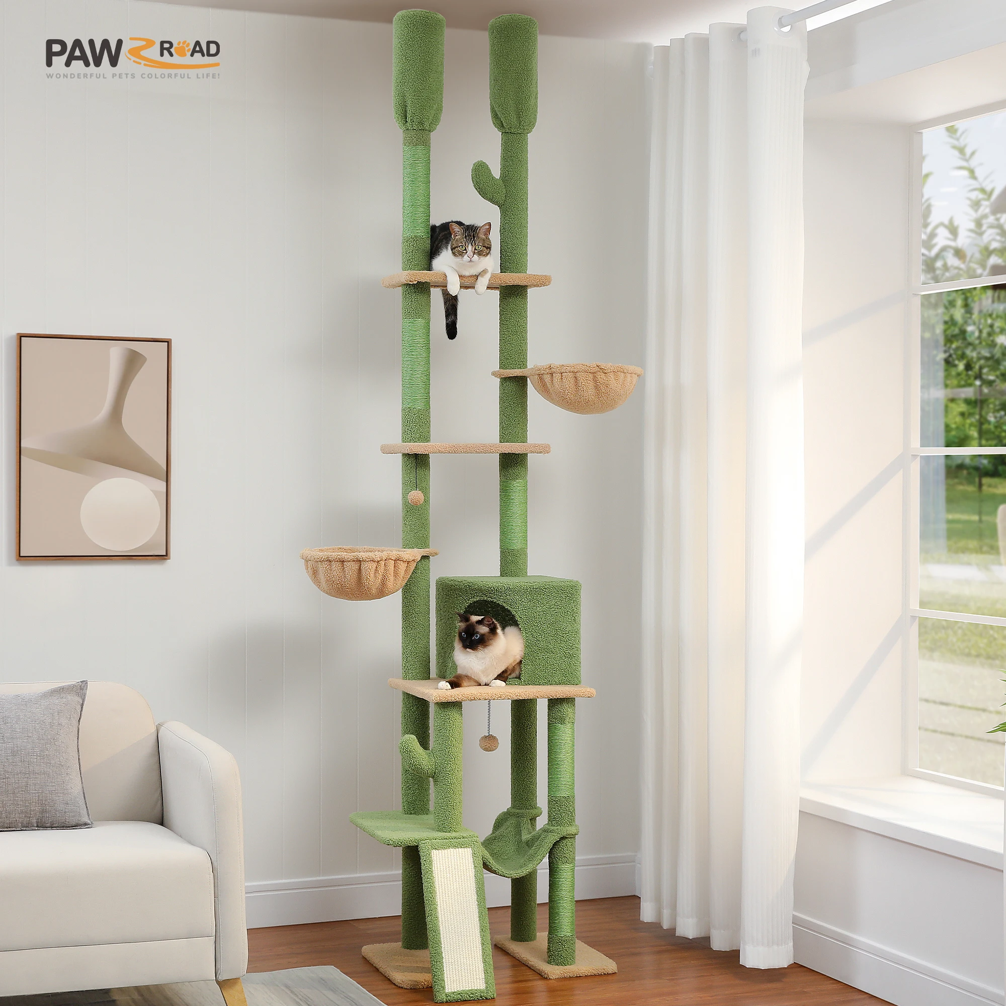 

Cactus Cat Tree Floor to Ceiling Cat Tower 7 Tiers Cat Climbing Tree with Cozy Hammocks and Condos 5 Platforms Scratching Posts