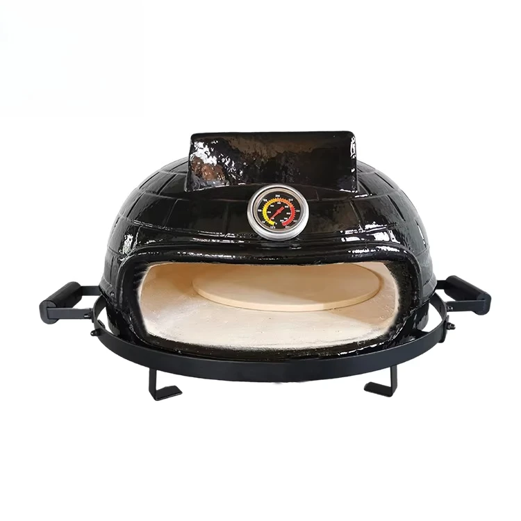 21-Inch Black Brick Pattern Ceramic Pizza Oven Wood-Fired Tabletop Porcelain Enameled Finish Trolley for Backyard