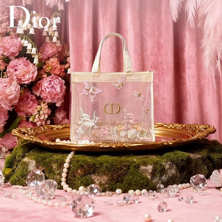 Christian Dior Dior’s Bag Luxury Designer Semi-transparent Mesh Makeup Bag Butterfly Floral Print Travel Cosmetic Organizer Pouc view 5