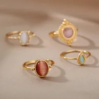 Gold Color Opal Rings for Women Stainless Steel Ring 2025 Retro Trend Couple Wedding Aesthetic Jewelry Anillos Mujer Accessories