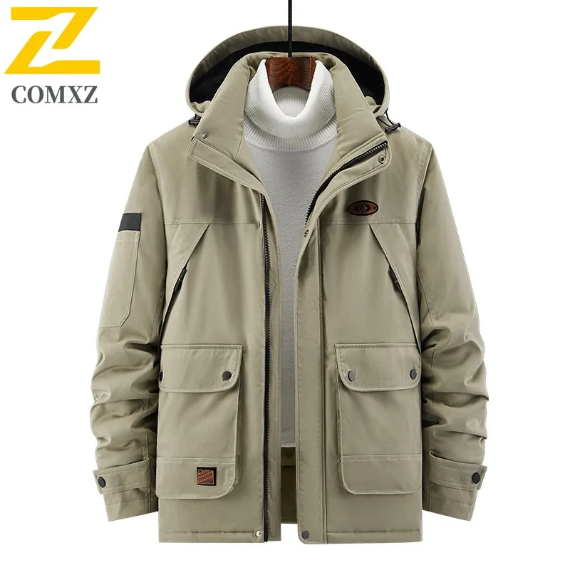 COMXZ 2025 Mens Plus Size Winter Workwear Puffer Jacket Military Style Waterproof Windproof Detachable Hood Outdoor Sports Coat