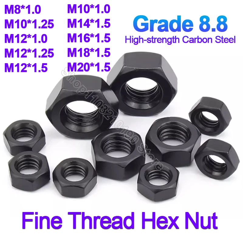 

Fine Thread Hex Hexagon Nut M8 M10 M12 M14 M16 M18 M20 Black Grade 8.8 High Strength Carbon Steel Hex Nut Pitch 1mm 1.25mm 1.5mm